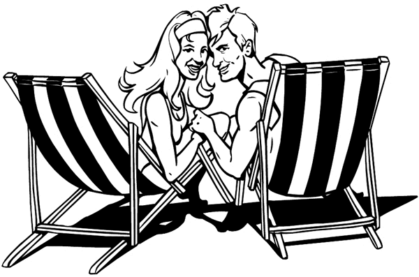 Loving couple in beach chairs vinyl sticker. Customize on line. Summer 088-0257